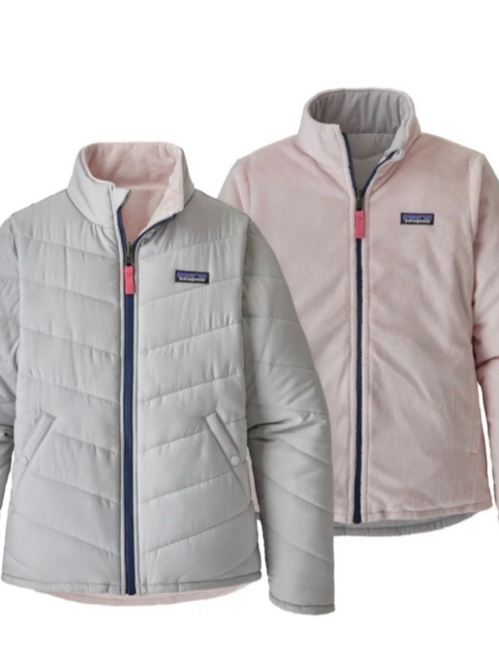 Patagonia Kids Reversible Puffer & Fleece Jacket in Pink and Light Gray 10